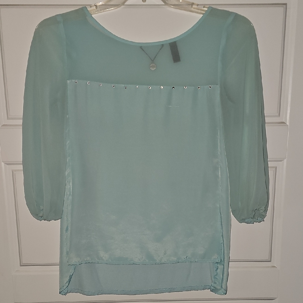 BKE Teal/Mint Sheer Blouse with Rhinestones